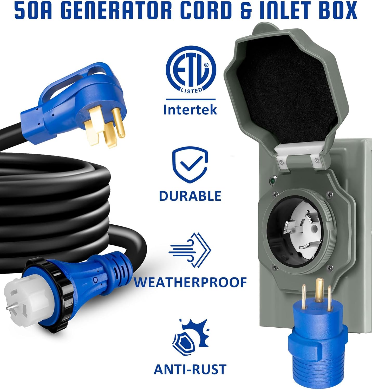 50 Amp Generator Cord and Inlet Box Combo Kit, 15FT NEMA 14-50P to SS2-50R Cord, Pre-Drilled Inlet Box, Waterproof, UL & ETL Listed