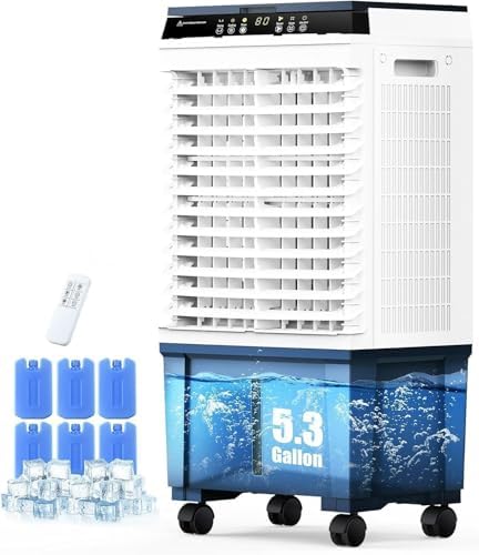 Air Choice Swamp Cooler, 1800 CFM Evaporative Air Cooler with 5.3 Gal Water Tank, 110° Swing, 3 Speeds, 4 Ice Box, Remote, 12H Timer, Portable Air Cooling Fan for Outdoor & Indoor, Gray
