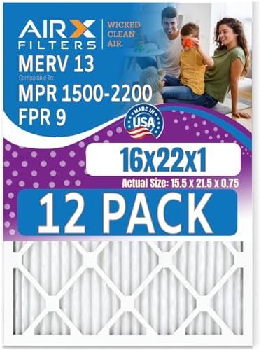 16x22x1 Air Filter MERV 13 Rating, 12 Pack of Furnace Filters Comparable to MPR 1500-2200 & FPR 9 - Made in USA by AIRX FILTERS WICKED CLEAN AIR.