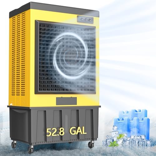 Swamp Cooler,14715 CFM Evaporative Air Cooler,52.8 Gal Water Tank Outdoor Air Conditioner,3 Speed,Suitable for Indoor & Outdoor Garage,Patio,courtyard,factory workshop,70inch,Yellow