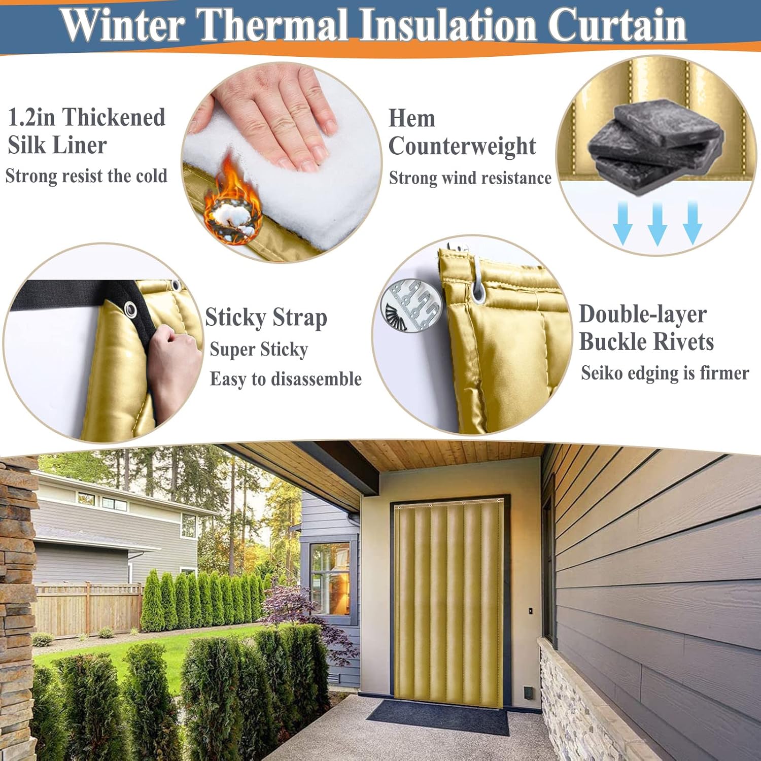 Soundproof Blanket for Doorway, Thick Thermal Fabric Door Cover, Winter Doorway Cover Screen Door Curtain for Air Conditioner Room Heater Room Living Room Back Doors(Gold W60*H91in)