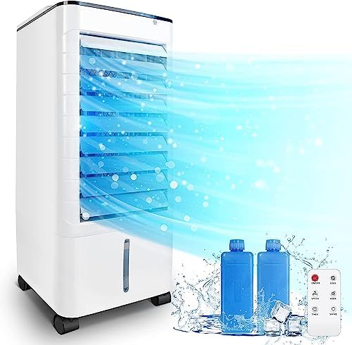 Evaporative Air Cooler, 3-IN-1 Windowless Portable Air Conditioner,Oscillation Swamp Cooler and Humidification-Includes Ice Packs-12 Hour Timer&Remote, Ideal for Home, Office, Bedroom, Kitchen