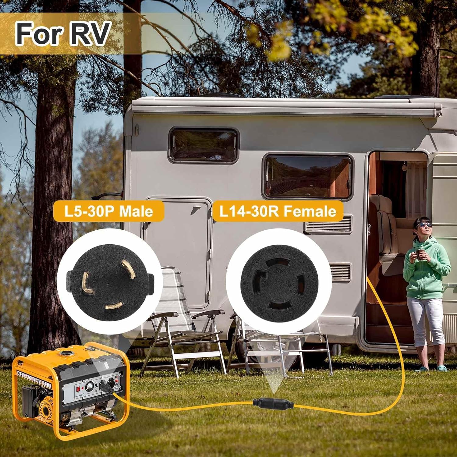 MECCANIXITY 20ft NEMA L5-30P to L14-30R RV Marine Generator Transfer Switch Adapter Cord, 30A Generator Extension Cord L5-30P Male to 30A Marine Shore Power L14-30R Female, 125V/250V