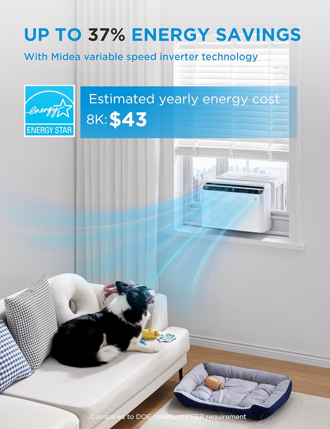 Midea 8,000 BTU U Shaped Smart Inverter Window Air Conditioner - Cools 350 Sq Ft, Ultra Quiet with Open Window Flexibility - Alexa/Google Assistant Compatible - 37% Energy Savings, Remote (Updated)