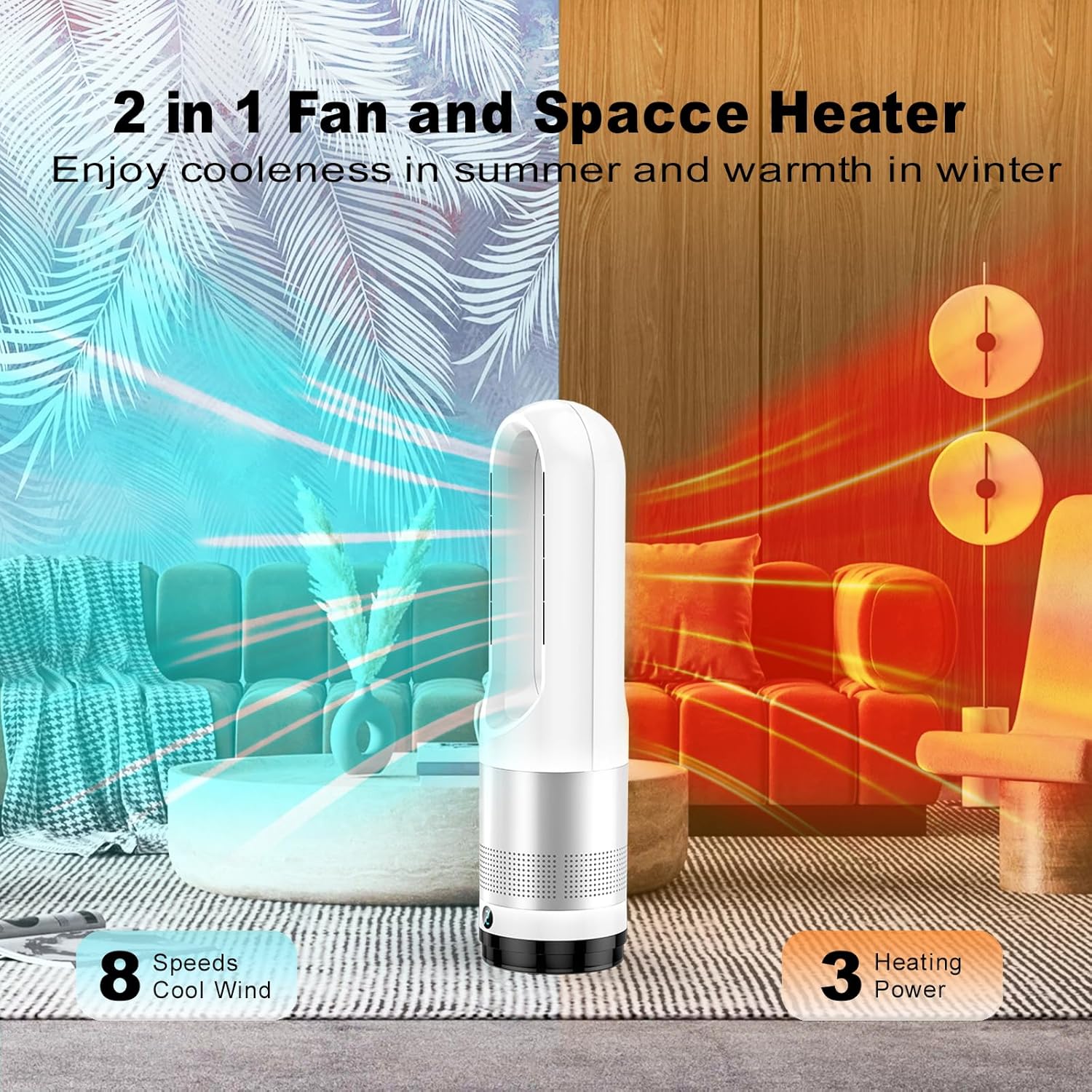 Bladeless Tower Fan, 1400W Space Heater & 40W Cooler Fan Combo with Remote, 80°Oscillation, 8 Speeds and 3 Heating Modes, 9H Timer, LED Display, Fast Safety Heat and Quiet for Bedroom, Kitchen, Office