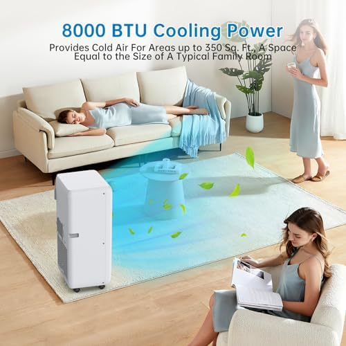 8000 BTUs Portable Air Conditioner, Cooling, Dehumidifying, Fan 3-in-1 Mode, with Remote Control & Retractable Window Kit, 24H Timer, LED Display, Cools up to 350 Sq. Ft. for Small Apartments