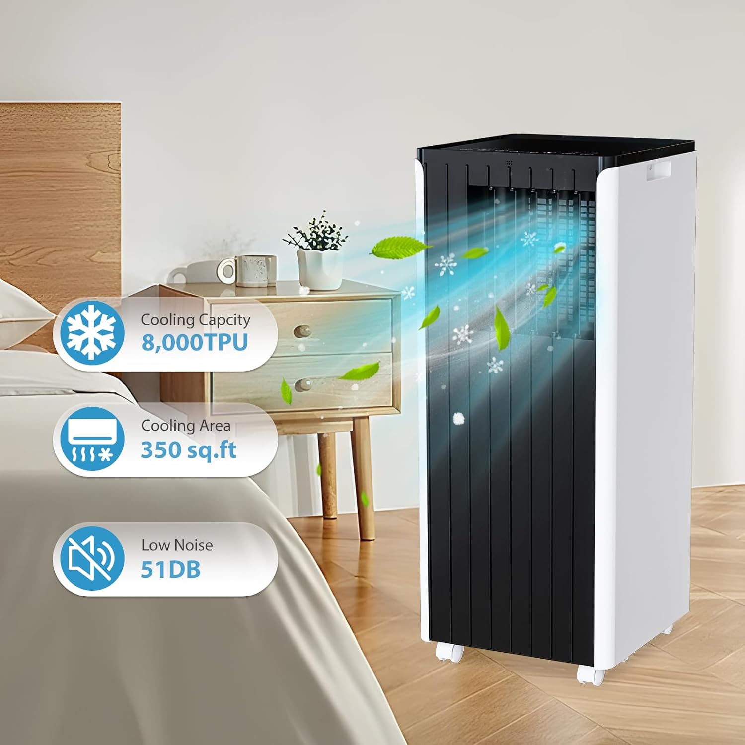 Portable AC Unit with 8000 BTU Cooling, Remote Control & 24-Hour Programmable Timer, Low-Noise Design for Rooms Up to 350 Sq.Ft, Ideal for Dorm or Office Use, Black and White Design