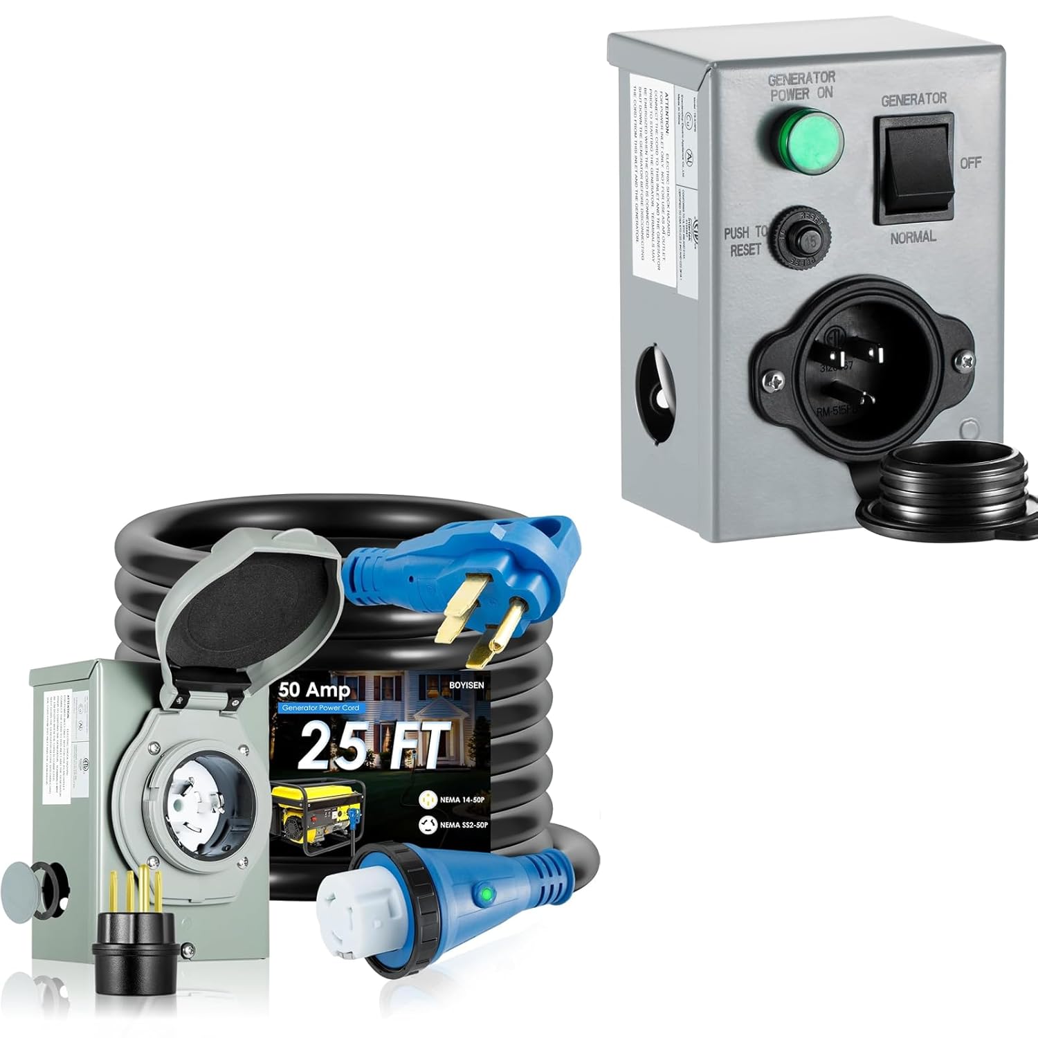 BOYISEN Generator Power Bundle: 15A Transfer Switch & 50A 25FT Inlet Box Kit for Home & RV Backup