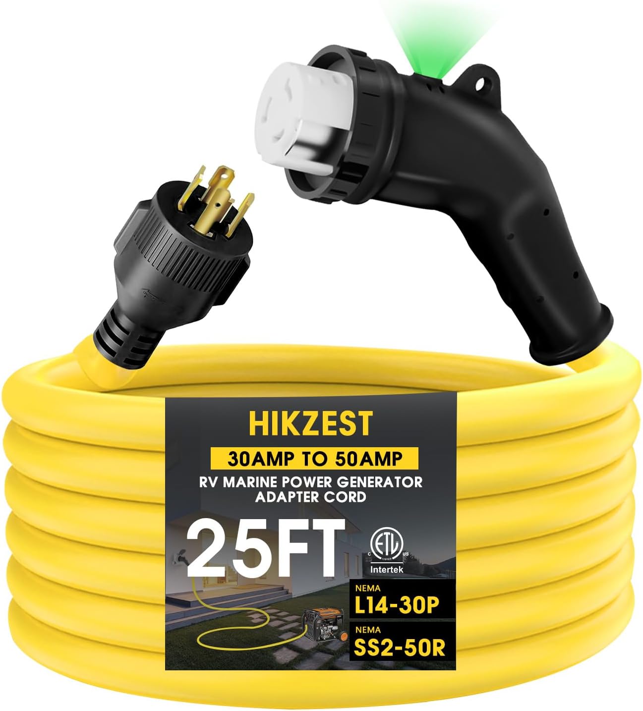 25FT NEMA L14-30P to SS2-50R RV Marine Power Generator Adapter Cord, 30A 4 Prong Locking Generator L14-30P Male to 50A Marine Shore Power SS2-50R Female with 135° Elbow Grip Handle LED Power Indicator