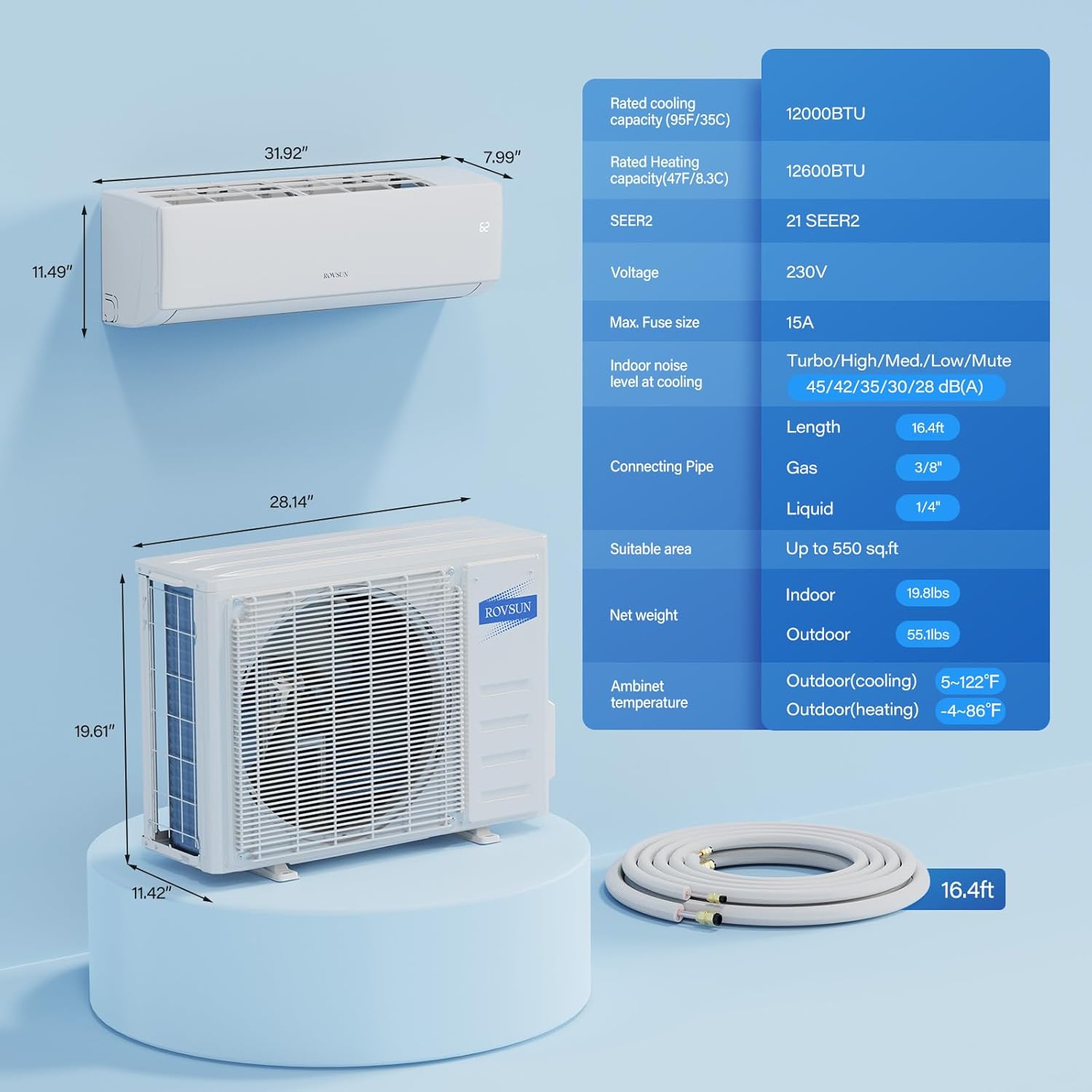 ROVSUN 12000 BTU Wifi Enabled Mini Split Air Conditioner & Heater with Inverter, 21 SEER2 Energy Saving 230V Ductless Split AC Unit with Pre-Charged Condenser, Heat Pump & Installation Kit