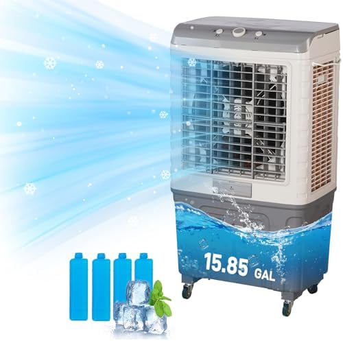 Portable Air Conditioners, 3 in 1 Portable Evaporative Cooler with 15.85 Gal Large Water Tank & Scroll Casters, 4 Ice Packs, Cooling Fan for Bedroom, Living Room, Office