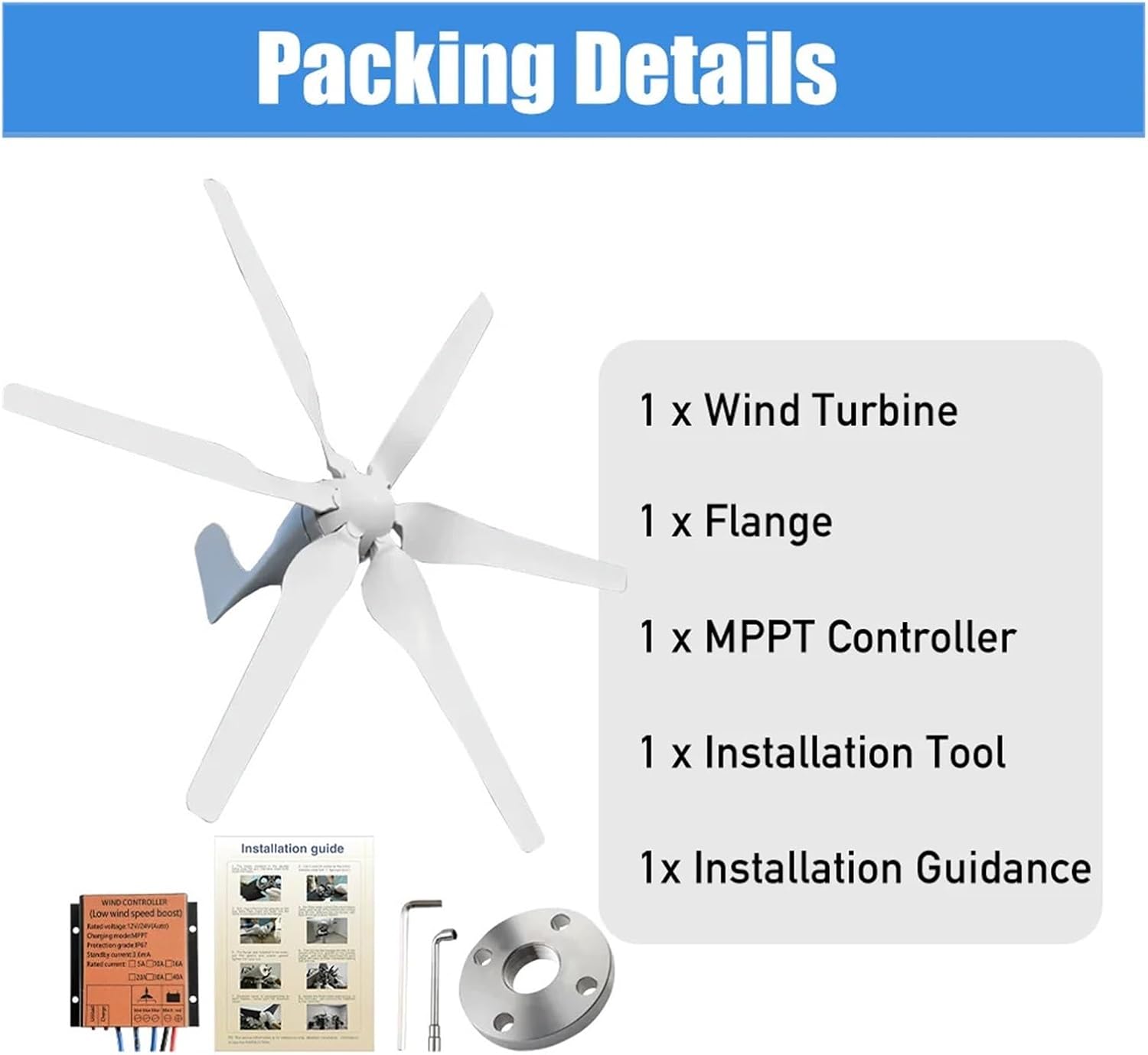 2000W Windmill 12V 24V 48V 6 Blades Wind Turbine Generator with MPPT Controller Low Start Wind Speed Home Appliance Industrial Energy(with Hybrid Charger,24V)