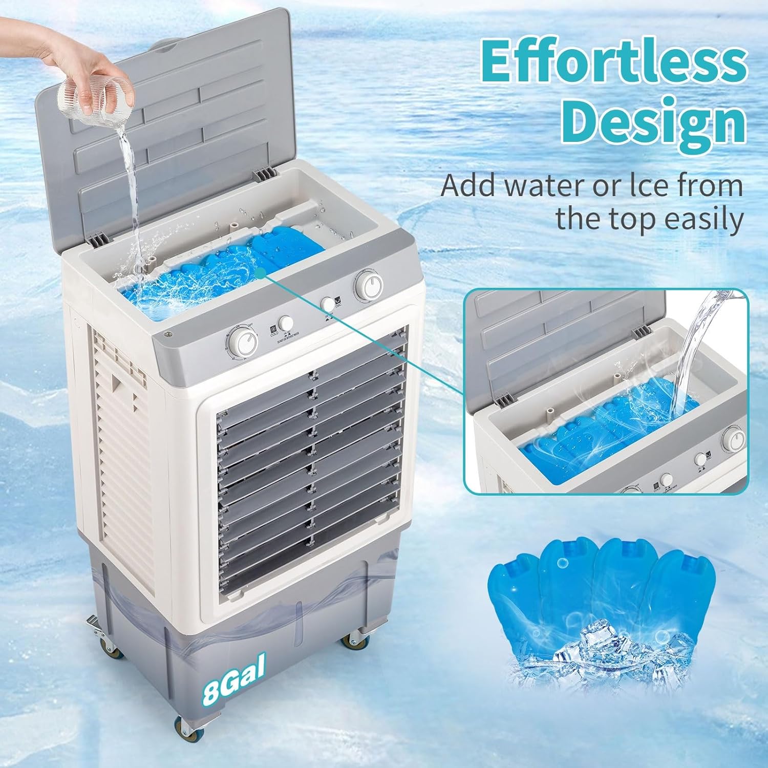 Portable Evaporative Air Cooler with 7.9 Gal Water Tank & 4 Ice Box, 2353CFM Swamp Coolers with Timer,3 Speeds, 90° Oscillation, 3 in 1 Portable Air Conditioner for Outdoor Kitchen Bedroom Office