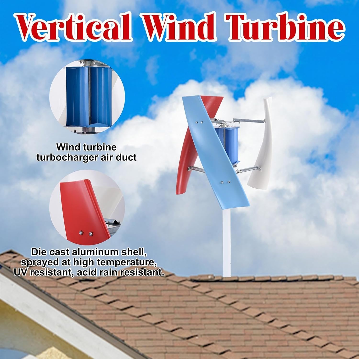 Home Wind Turbine - 3000W Wind Mill Generator - 3 Leaves, Safe, Small Household Windmill for Home, Farm, RVs, Boats, Terraces