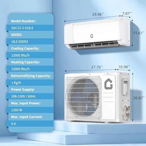 18.5 SEER2 Mini Split AC, 230V 12000 BTU Mini Split Heating and Coolings up to 750, Inverter Mini Split System w/Wifi,Remote Control, Low Nosie,Mini Split Air Conditioner for Home