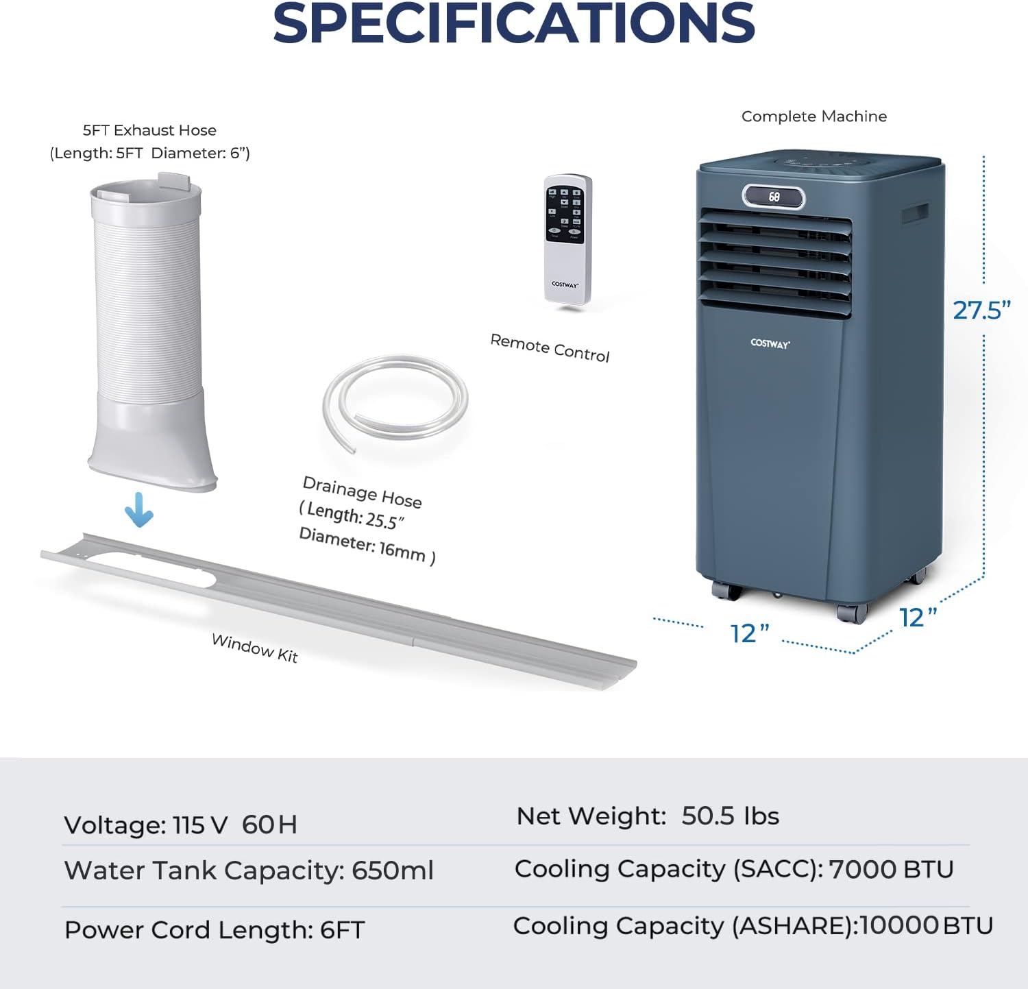 COSTWAY Portable Air Conditioner, 10000BTU Air Cooler with Drying/Fan/Sleep Mode, 2 Speeds, 24H Timer, for Home & Office, Cools Room up to 350 Sq. ft, Window Kit Included (10000 BTU, Dark Blue)