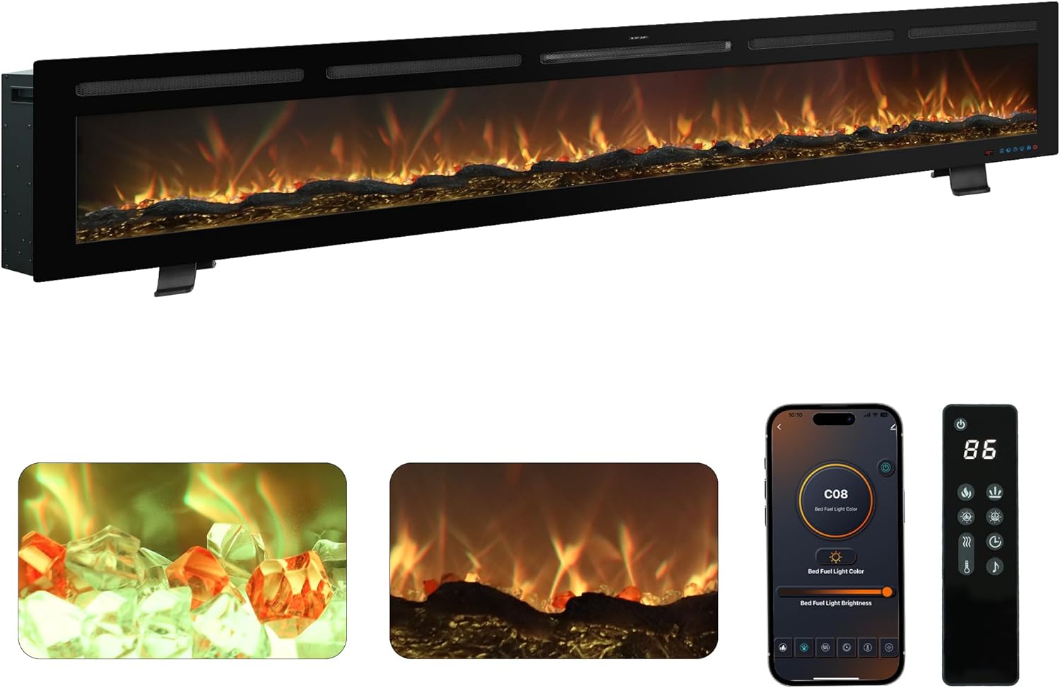 95 Inch WiFi-Enabled Recessed Electric Fireplace Inserts with Log Speaker,Wall Mounted & Freestanding Fireplace Heater,13 Adjustable Colors,5 Brightness Levels,Timer,750/1500w, Log & Crystal