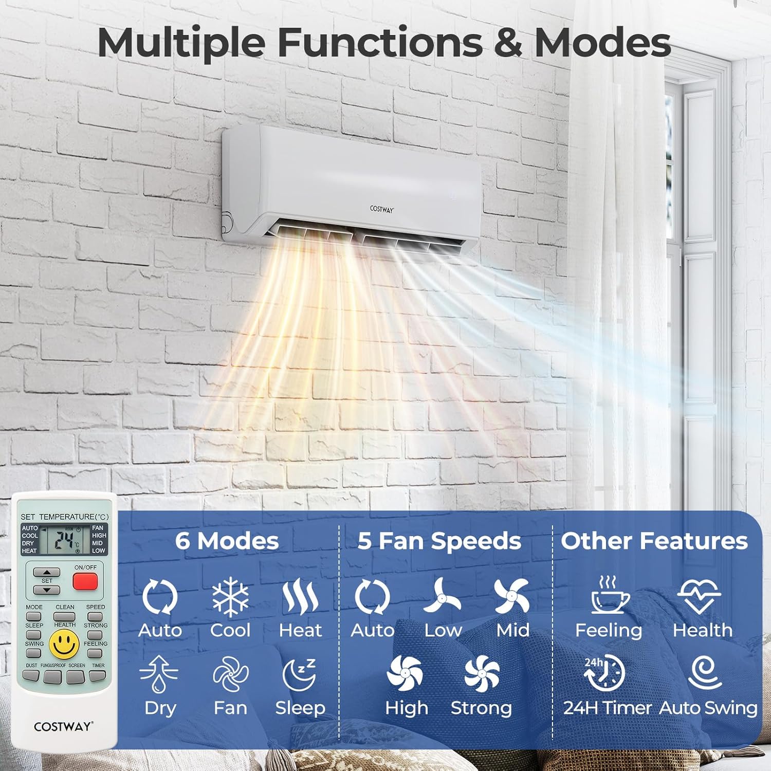 COSTWAY 30k Tri 3 Zone Mini Split Air Conditioner, 23 SEER2, 9k+12k+12k BTU, 208-230V, Wifi Enabled Multi Zones Mini Split AC Heat Pump Full Set, Ductless Energy Star