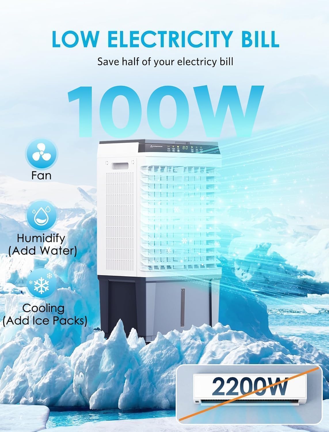 Air Choice Swamp Cooler, 1800 CFM Evaporative Air Cooler with 5.3 Gal Water Tank, 110° Swing, 3 Speeds, 4 Ice Box, Remote, 12H Timer, Portable Air Cooling Fan for Outdoor & Indoor, Gray