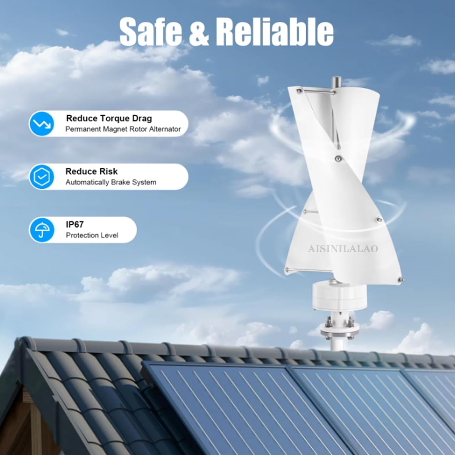 1500W Vertical Spiral Wind Mill Turbine Portable Generator, 48V 24V 12V 2 Blades Free Energy Windmill with Controller for Wind Solar Hybrid Streetlight