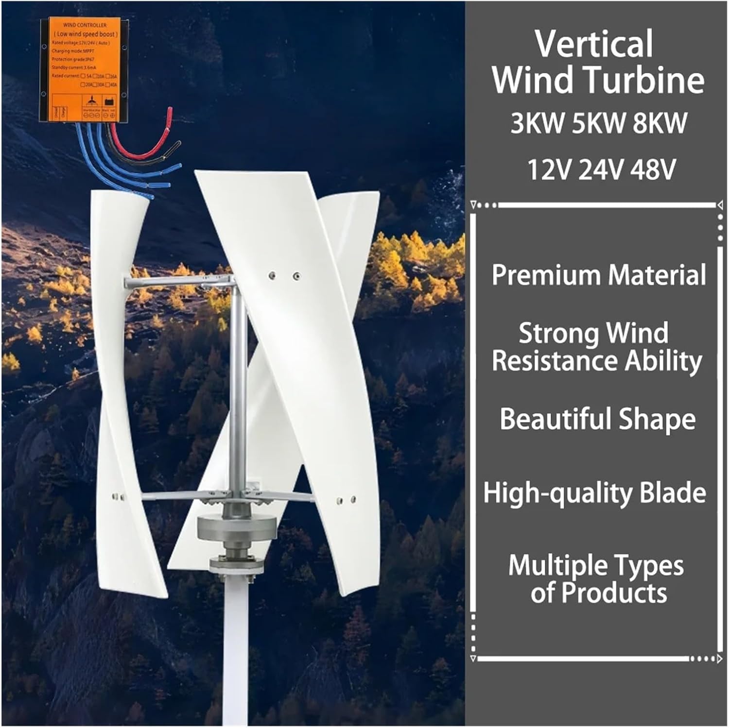 5000W 8000W 12V 24V 48V Vertical Wind Turbine Generator for Home Wind Power Windmill Permanent Maglev with MPPT Industrial Energy(White,12V_5KW)