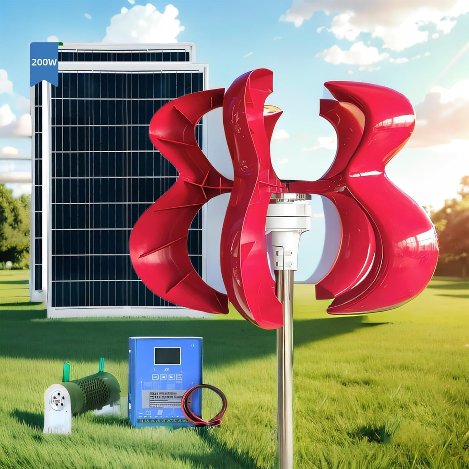 CAJUCA 8000W Wind Turbine Generator Kit Vertical Axis Wind Turbine Generator + 100W *2 Solar Panel + Controller Home AC Permanent