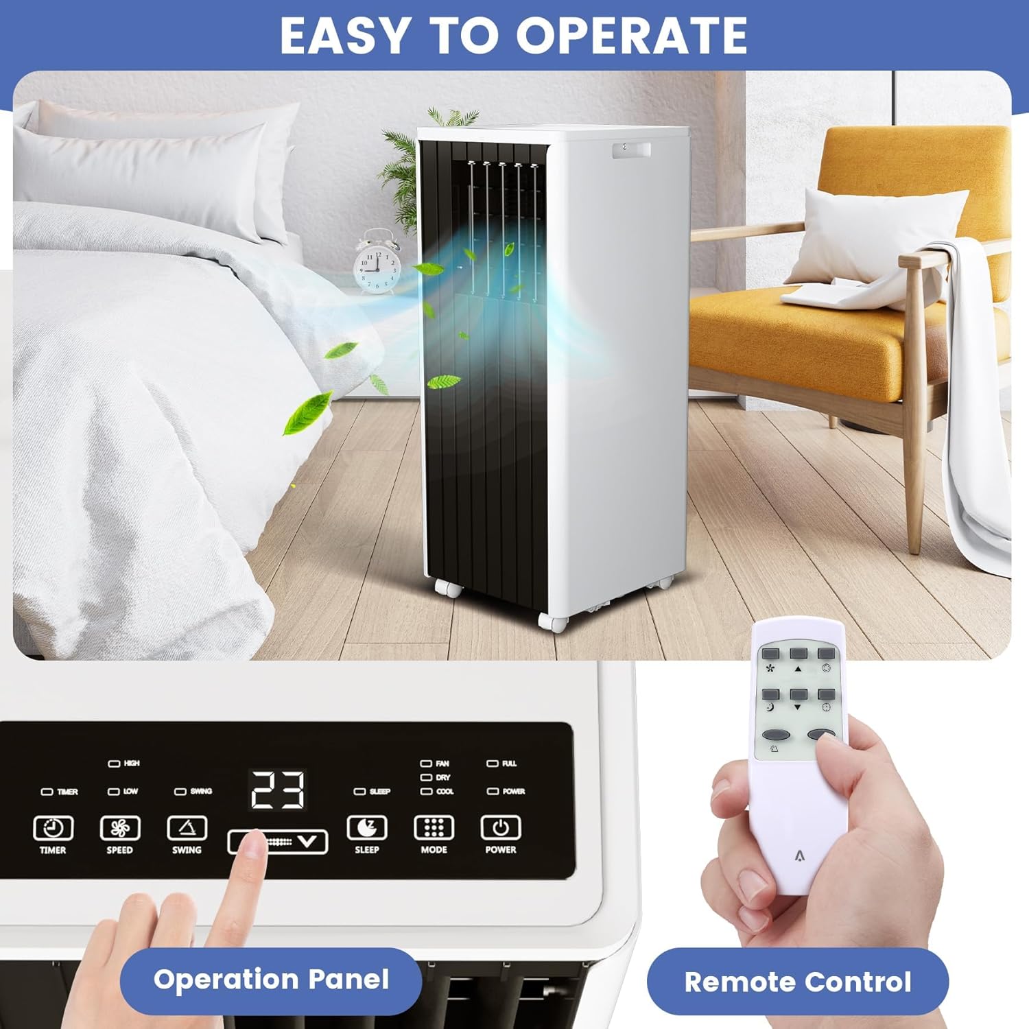 8000 BTU Portable Air Conditioner for Rooms Up to 350 Sq.Ft, 3-In-1 Indoor Portable Standing AC Unit with Dehumidifier, Cooling & Fan, 24H Timer Mode, Remote Control, Window Kit, White Top