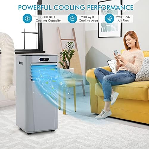 LDAILY Portable Air Conditioner, 8000 BTU for Rooms up to 230 sq.ft, 3-in-1 Evaporative Air Cooler w/Dehumidifying Fan & Remote Control, Sleep Mode, 24H Timer & LED Display (8000 BTU, Grey)