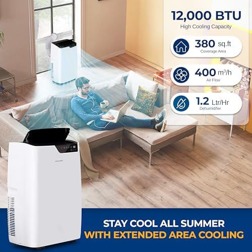 SereneLife 12000 BTU Portable Air Conditioner 3-in-1-115V Compact Standing Air Conditioner for Room Up to 380 Sq. Ft. Floor AC Unit with Touch Control Panel, Remote Control - Window Mount Kit