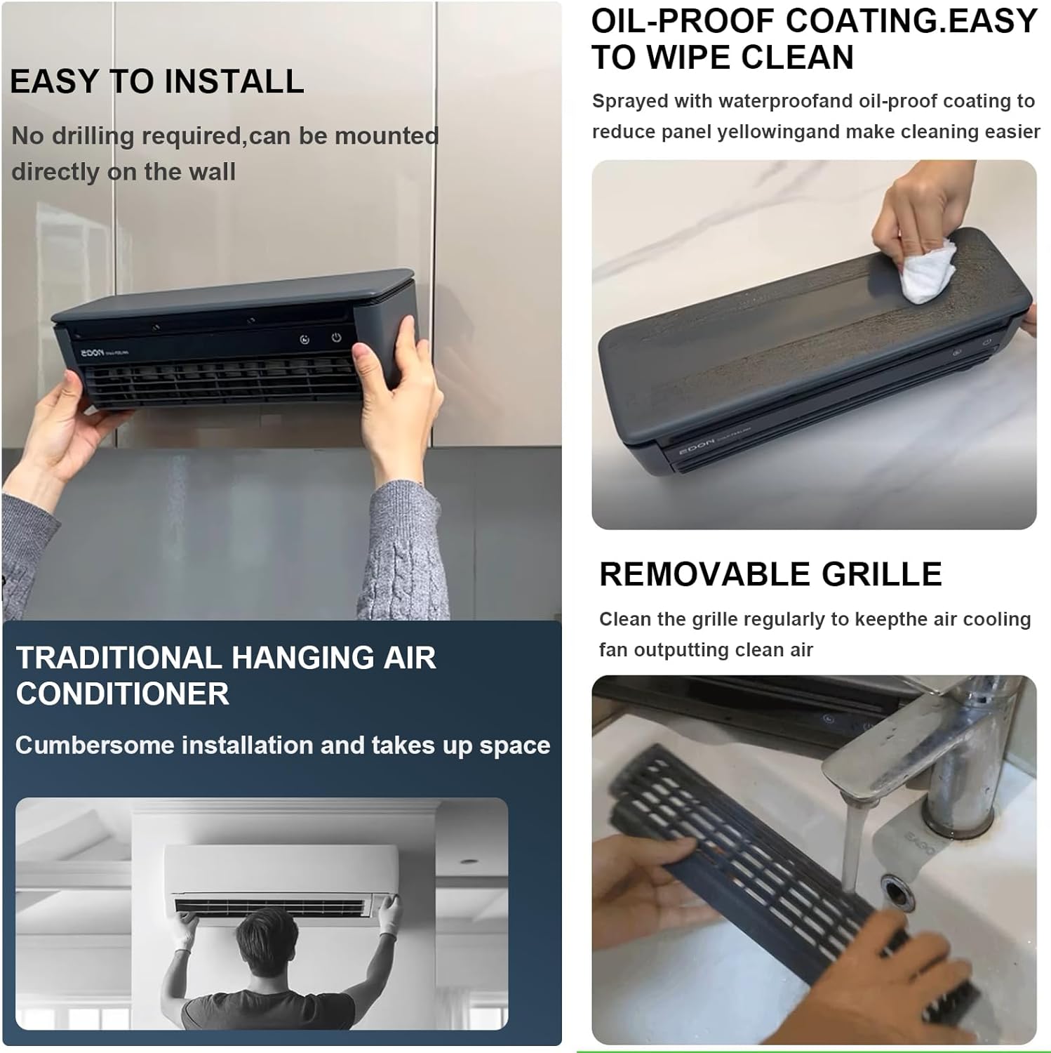 Wireless Charging Quiet AC No Drilling Kitchen Cooling Air Conditioning Three Wind Speeds, with Adjustable Spray Portable Wall Mounted Airs Conditioners Fan,for Home Office, Bedroom (Black)