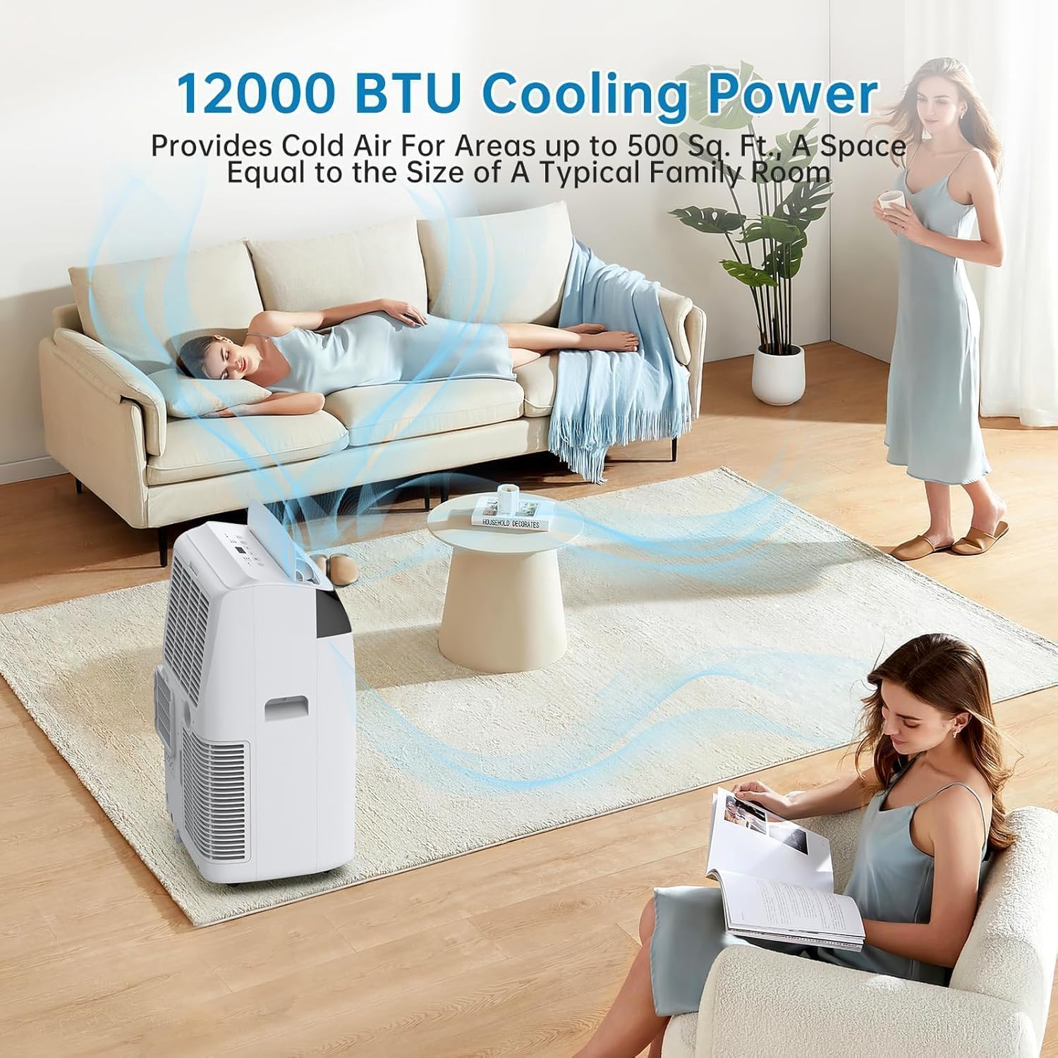 Portable Air Conditioner - 12,000 BTU, 3-In-1 Functionality (Cooling, Dehumidifier, Fan), Cools Up to 450 Sq.Ft, Remote Control, 24-Hr Timer, Smooth Caster Wheels, Ideal for Home，White top cover