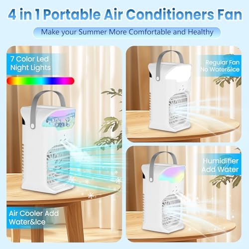 IWENNUAN Portable Air Conditioners, 4 in 1 Portable AC Unit with Remote, 1500ml Water Tank, 3 Speeds, 6H Timer, 2 Spray Mist, 7 Night Light, Personal Mini Air Conditioner for Bedroom