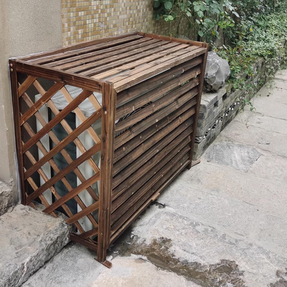 Air Conditioner Fence Screen AC Covers Outdoor Protective Grilles Wooden Plant Display Rack Weather Resistant Space Divider Shutters Decoration Cover For Outside Unit(Brown,L115cm*W54cm*H95cm)