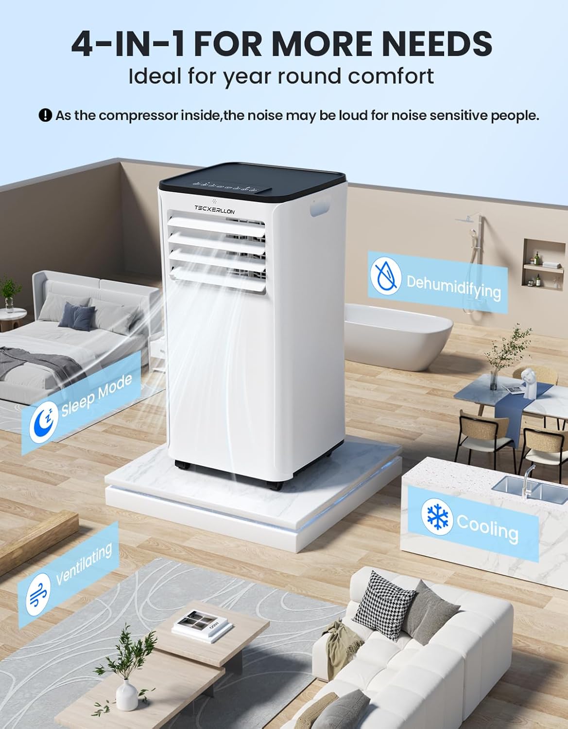 10000 BTU Portable Air Conditioners, 4-in-1 Portable Ac with Cooling, Dehumidifier, Fan & Sleep Modes, 2 Speeds, Auto Swing, Cools up to 480 Sq. Ft. for Home, Office, Garage