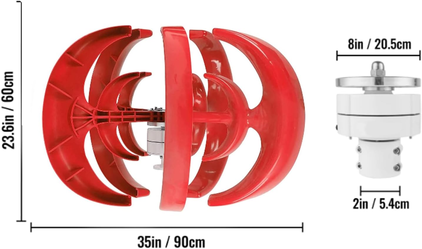 24v, Vertical Low Noise Wind Turbine Generator 4KW 12V 24V 48V 220V New Energy Wind Power Kit with MPPPT Controller Suitable for Outdoor/Courtyard Use (Red)