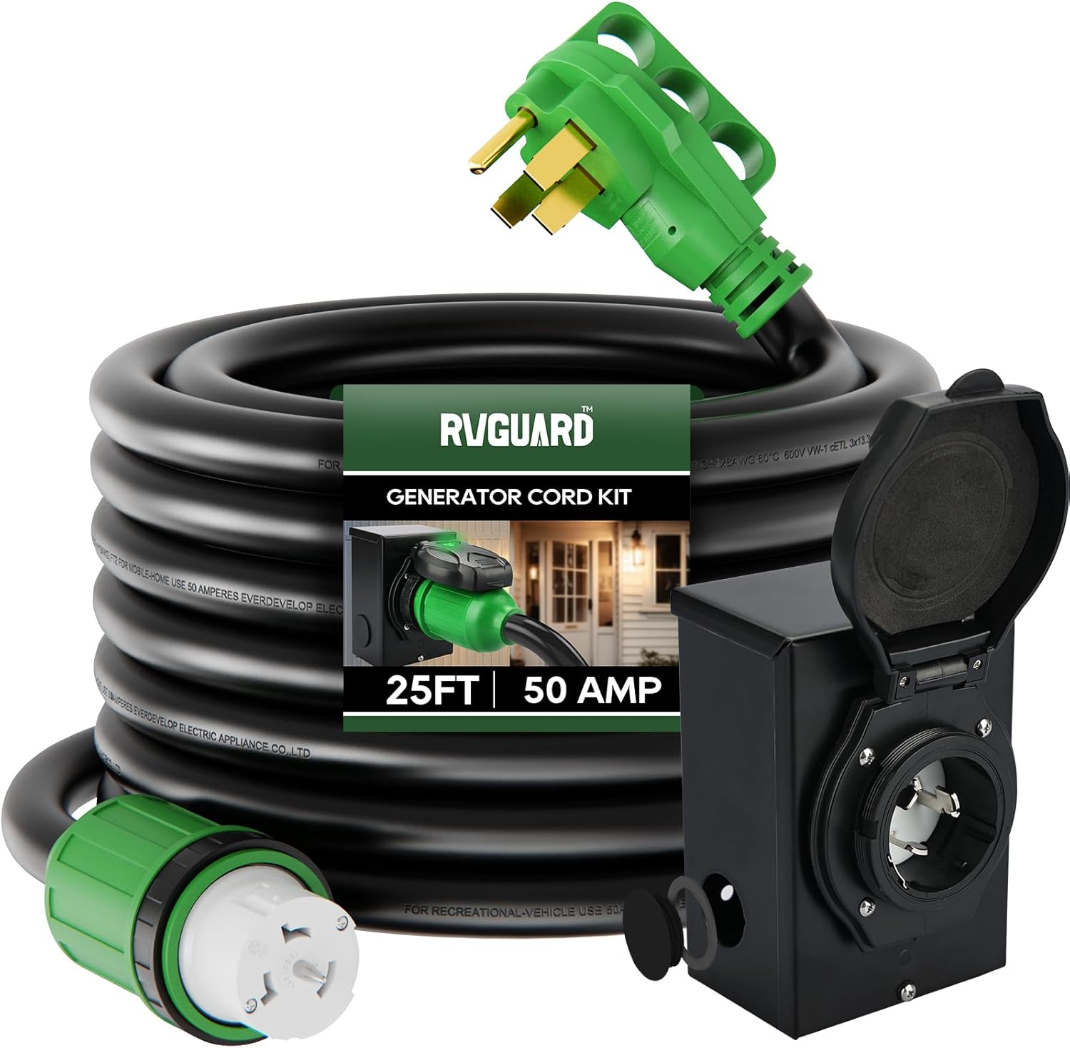 RVGUARD Emergency Power Combo Kit, 25 Foot 50 Amp Generator Cord and Power Inlet Box, NEMA 14-50P to SS2-50R Generator Cord with NEMA SS2-50P Pre-Drilled Generator Inlet Box, ETL Listed