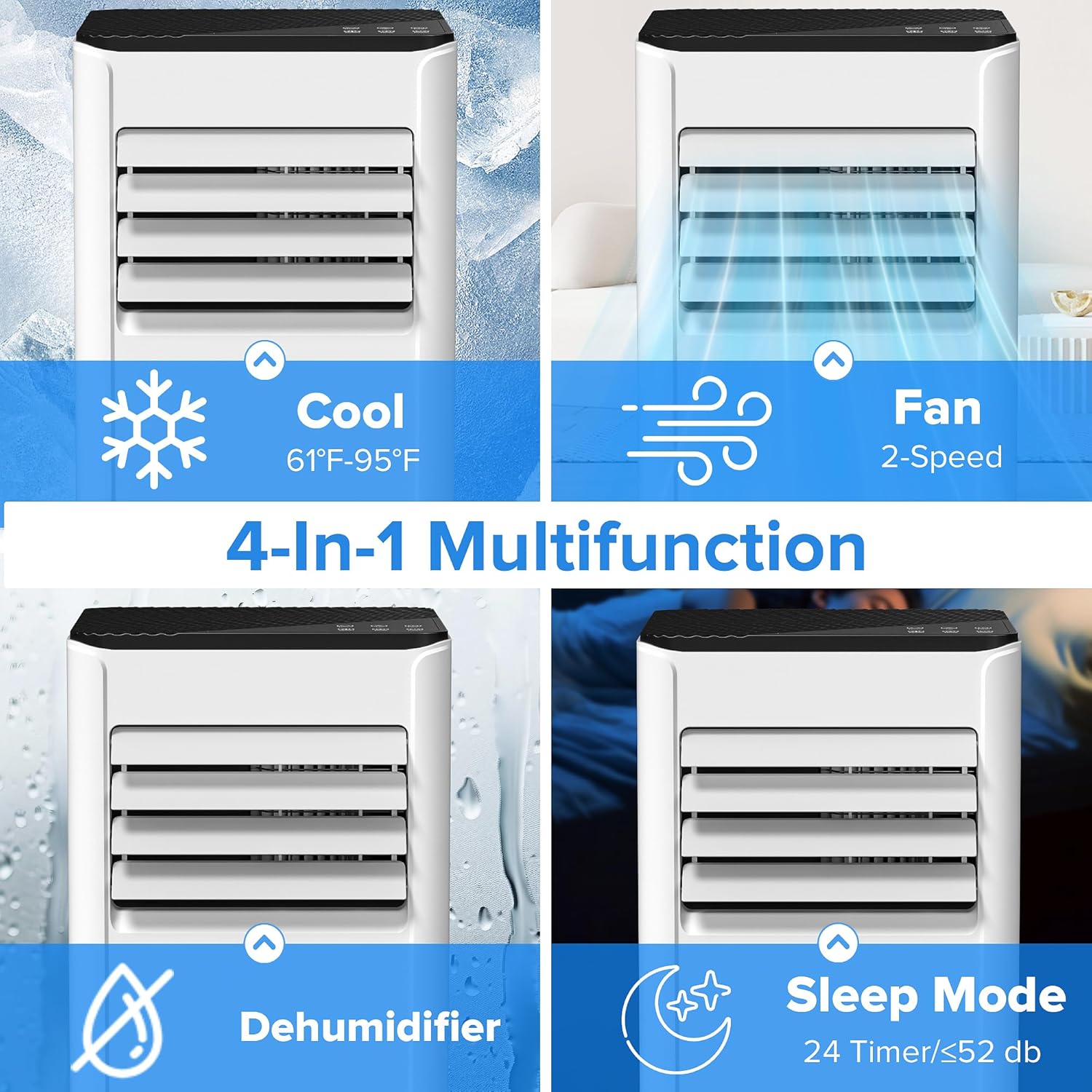 8,000 BTU Portable Air Conditioner Cools up to 350 SQ. FT, 4 in 1 AC Unit with Powerful Cooling, Sleep Mode, 24H Timer, Air Cooler with Window Installation Kit, for Bedroom, Apartment(BLACK)
