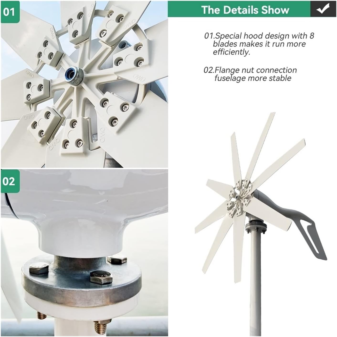 Wind Turbine, Wind Energy Turbine Generator 2000w 12v 24v 48v 8 Blades with Off Grid System Mppt and Hybrid Charge Controller for Home Use(Turbine Only,12V)