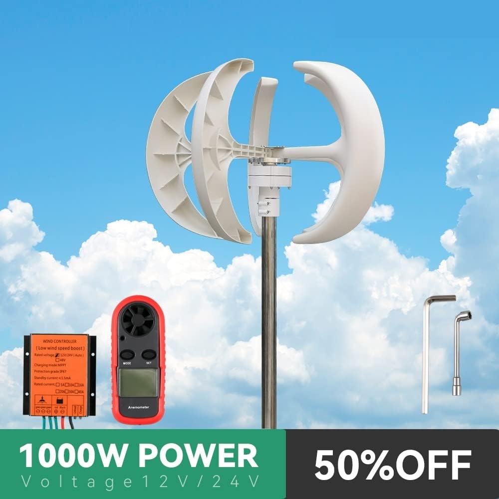 Wind Turbine, Vertical Wind Turbine Windmill 1000W 12v 24v Low Noise Wind Speed Start Rotation Free Energy with MPPT Charge Controller(Yellow,with MPPT Controller_12V)