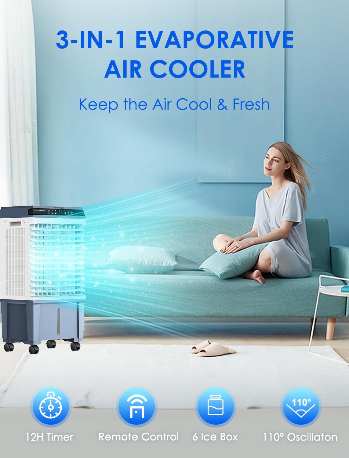 Air Choice Swamp Cooler, 1800 CFM Portable Evaporative Air Cooler with 6 Ice Box & 5.3 Gal Water Tank, 110° Swing, 3 Speeds, Upgraded Remote, 12H Timer, 3-in-1 Air Cooling Fan for Outdoor Indoor, Blue