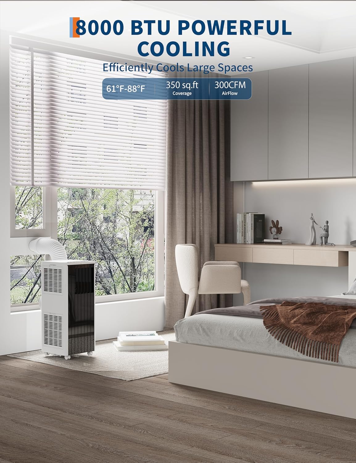 Portable AC 8000 BTU Air Conditioner, Cools 350 Sq.Ft Room, with Fan & Dehumidifier, Remote Control, 24H Timer, Auto Swing, Easy Setup for Home, Bedroom, Office, Living Room Use, White and Black