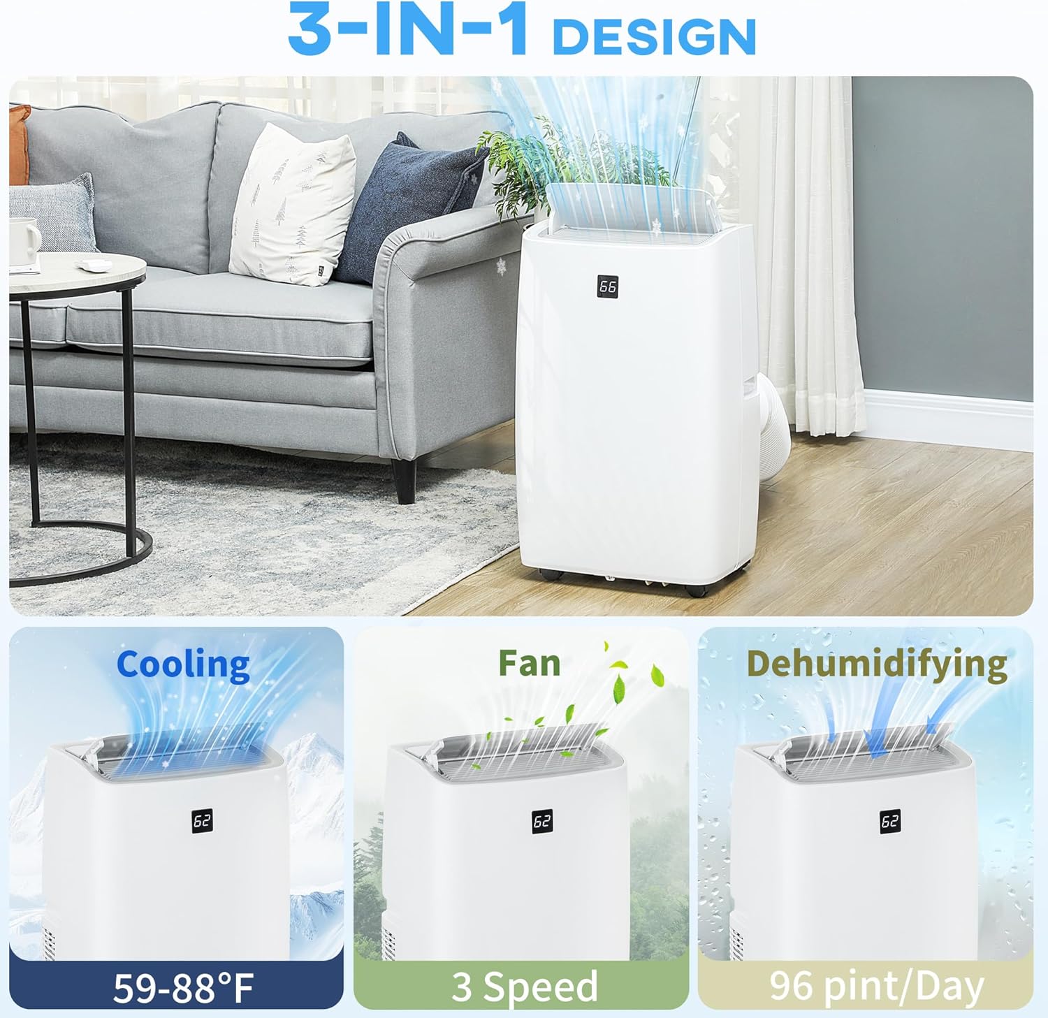 HOMCOM Portable Air Conditioner, 3-in-1 14000 BTU AC Unit with Cool, Dehumidifier, Fan, for Room up to 700 Sq. ft, 24H Timer On Off, 3 Speeds, Auto and Sleep Mode, Remote Control, Window Kit