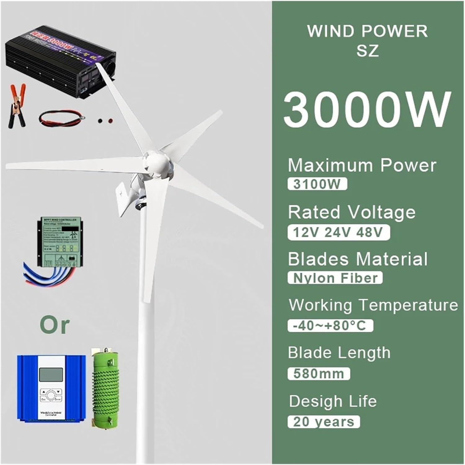 3000W Wind Turbine Generator Kit, Horizontal Wind Turbine Generator 12V 24V 48V Powerful Dynamo with MPPT Off Grid System Homeuse Windmill Industrial Energy(with MPPT Controller,24V)