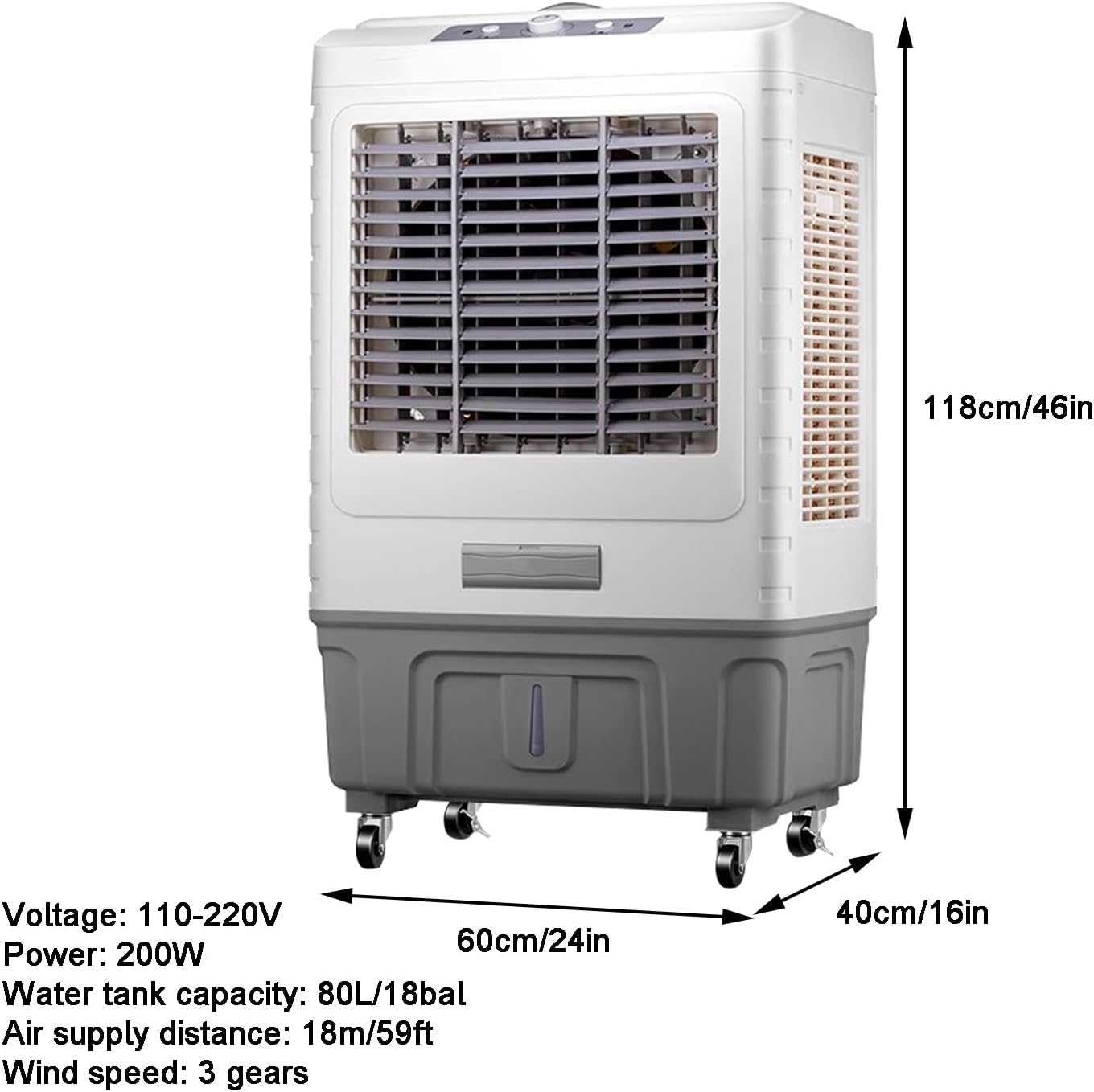 Evaporative Cooler, Portable Air Conditioners, with Large Capacity Water Tank, Powerful Air Supply, 3 Wind Speeds, for Backyard, Garage, Patio(118cm/46in)