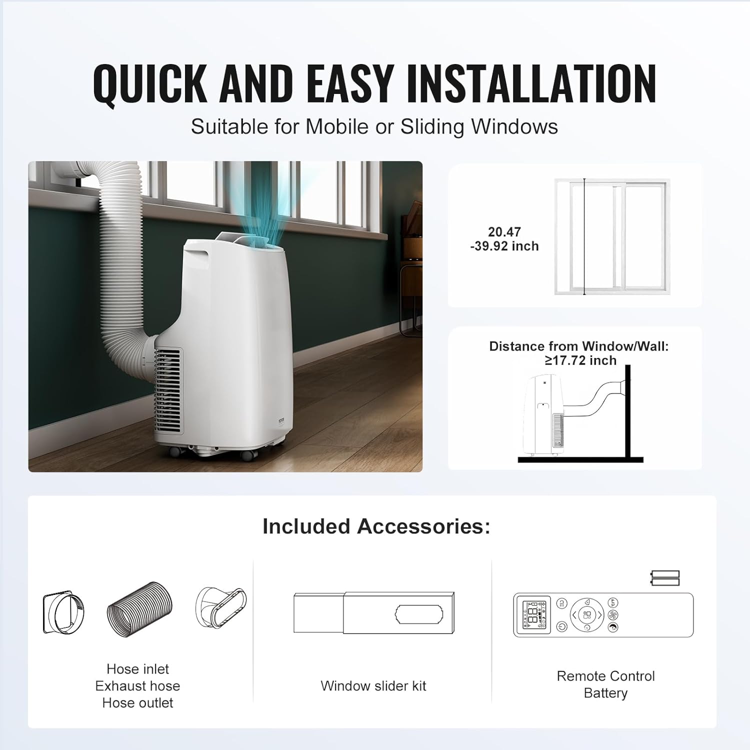 VEVOR Portable Air Conditioner 12,000 BTU, AC Unit with Built-in 3-in-1 Cool, Dehumidifier & Fan Modes for Room up to 550 sq.ft, Includes Remote Control & Window Kit