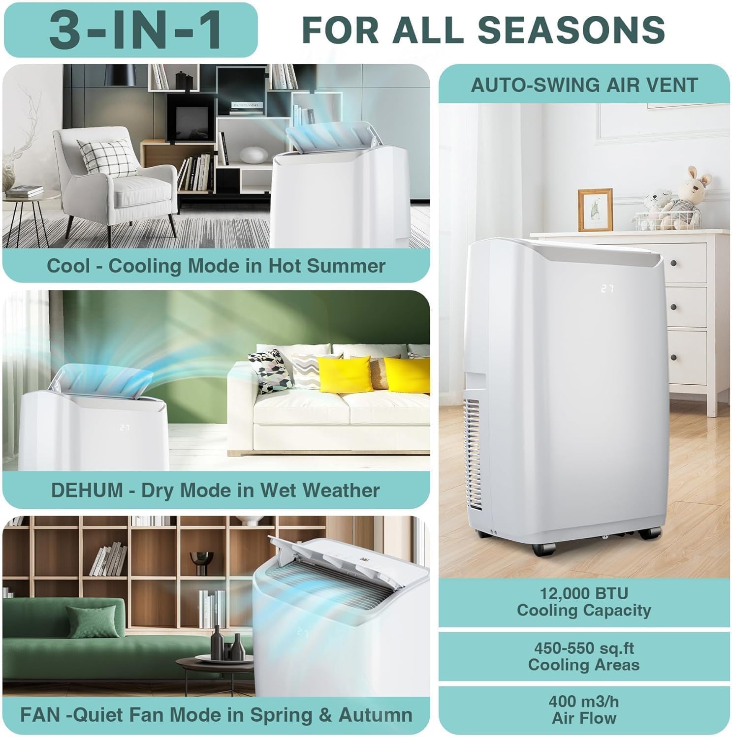 Portable Air Conditioners, 12000 BTU Air Conditioner, 3-In-1 Portable AC with Quick Cooling, Dehumidifying for Rooms Up to 550 Sq.Ft, 3-Speed Fan, 24H Timer, Remote, Ultra-Quiet, White