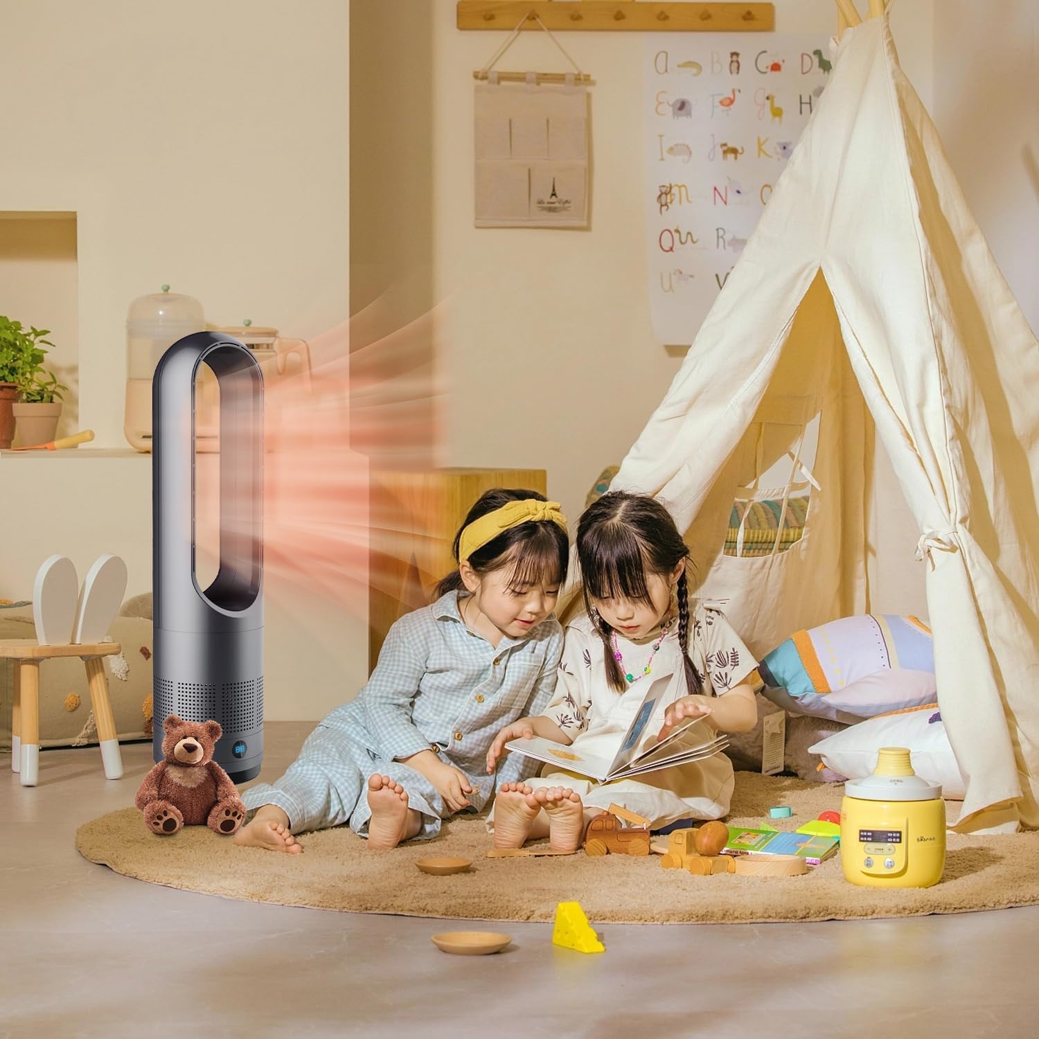 Bladeless Heater Fan,22Inch Heating & Cooling Combo Tower Fan 80° Oscillating, 9H Timer, 8 Speeds, Portable Quiet for Indoor, Bedroom, Home Office Room