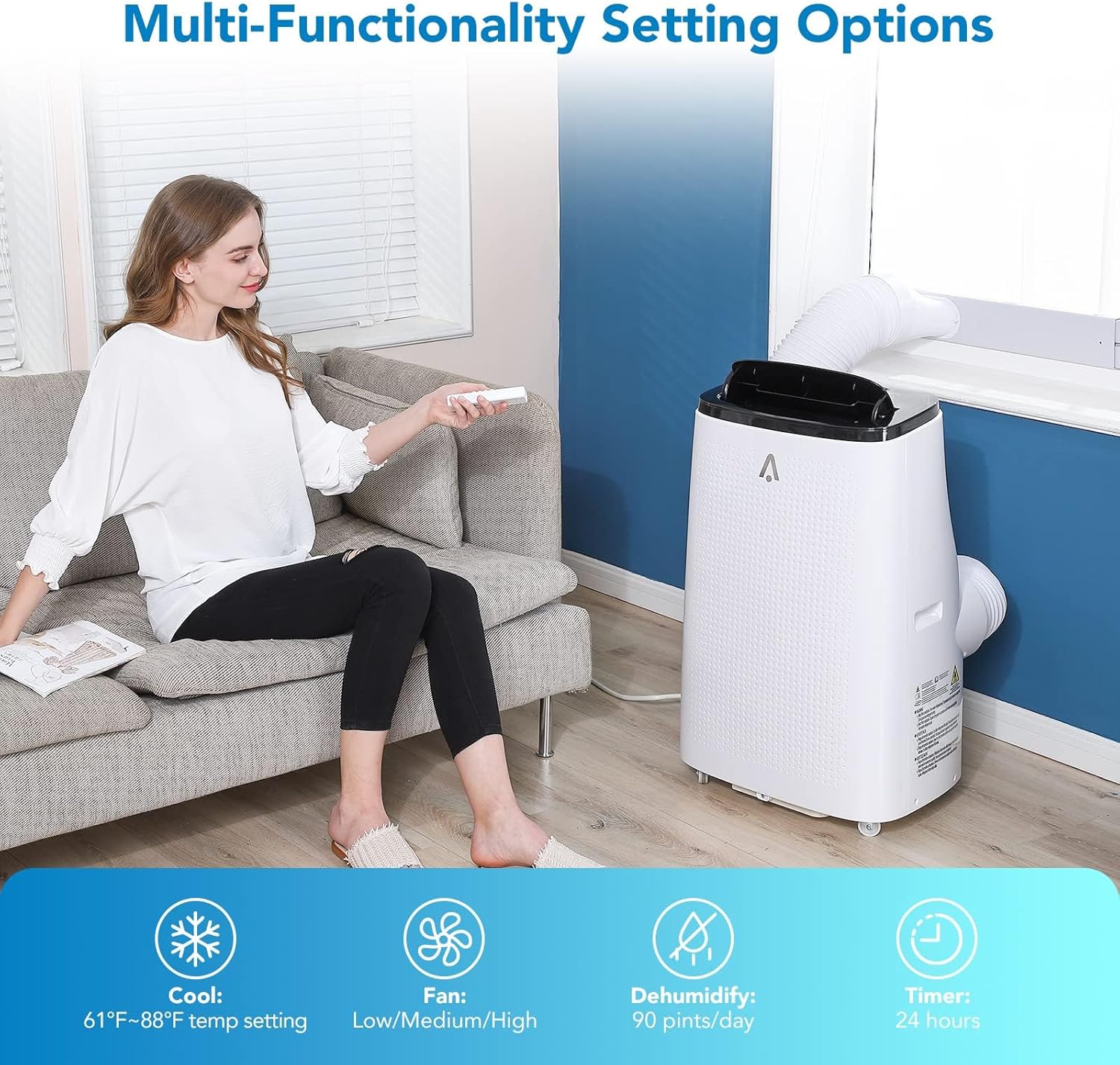 Zstar Portable Air Conditioners,14000Btu Air Conditioner Portable for Room up to 750 Sq.Ft,3-in-1 AC Unit with LED Function Display,Universal Casters, Installation Kit&Remote Control for Home