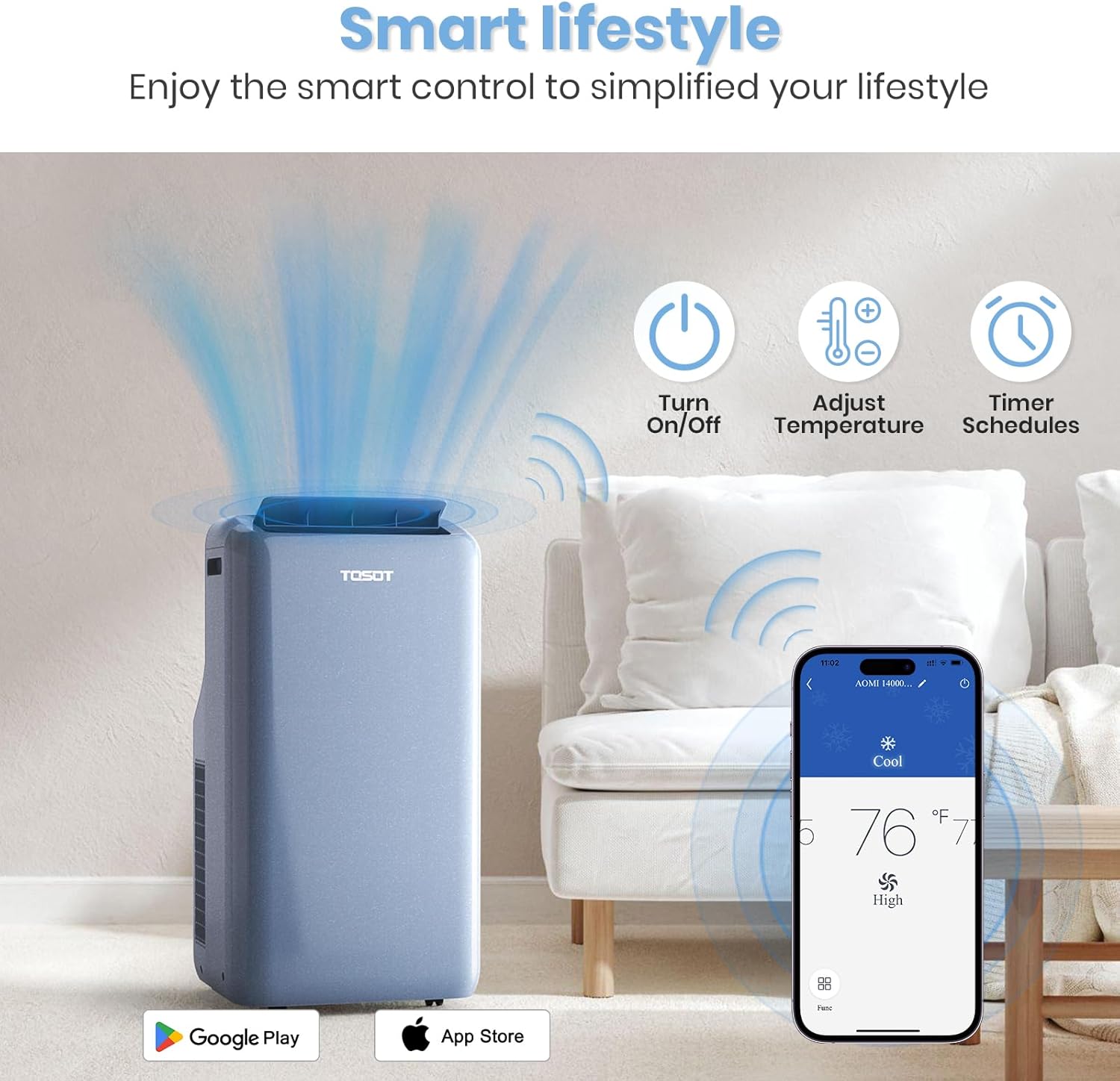 TOSOT 14,000BTU (9,600 BTU SACC) Wifi Portable Air Conditioner with Heating Mode, Cooling, Dehumidifier, Fan, Auto Swing, 24H Timer, for Large Rooms Up to 600 sq ft, AOMI Series, Steel Blue
