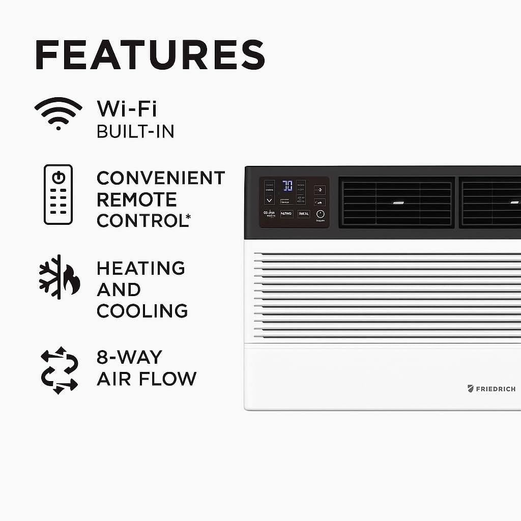 Friedrich 8,000 BTU Smart Window Air Conditioner with WiFi, Quiet & Energy Efficient AC for Rooms up to 350 Sq. Ft. – Bundle with UAX Surge Protector & 1-Year CPS Warranty